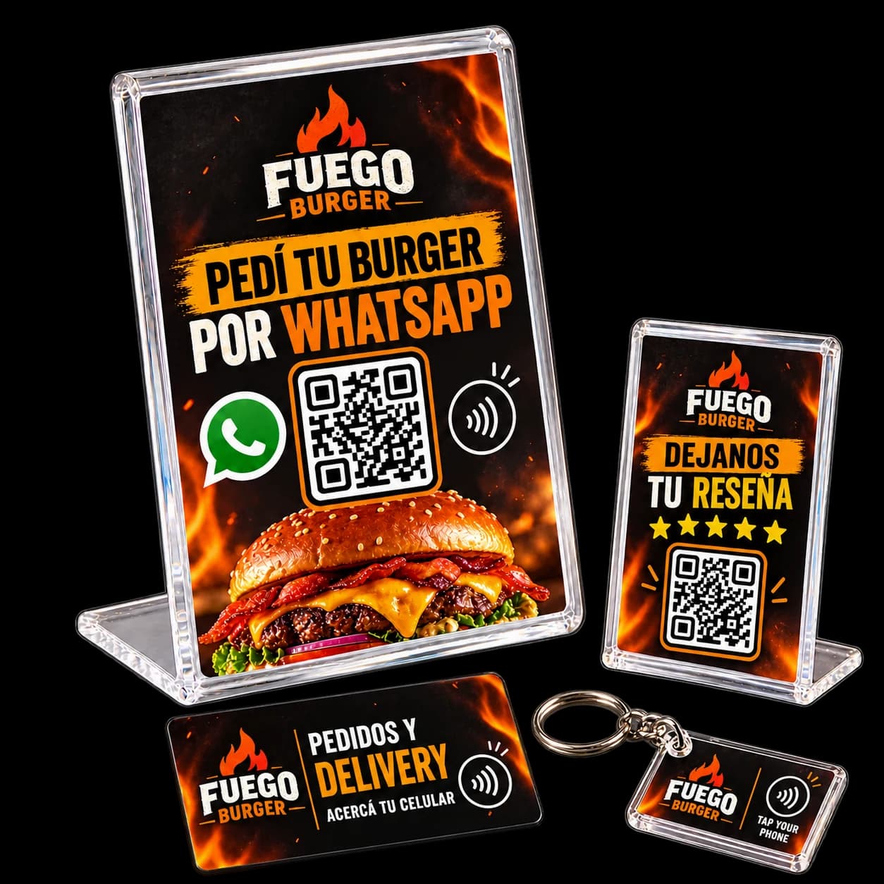 Combo Fuego Burger: mostrador grande para pedidos por WhatsApp, mostrador pequeño para reseñas, tarjeta NFC sin QR para pedidos y delivery y llavero NFC de marca