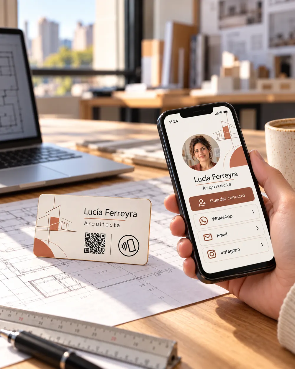 Una mano acerca el celular a la tarjeta personal NFC de Lucía Ferreyra apoyada sobre planos de arquitectura; en la pantalla se ve su tarjeta digital con Guardar contacto, WhatsApp, Email e Instagram