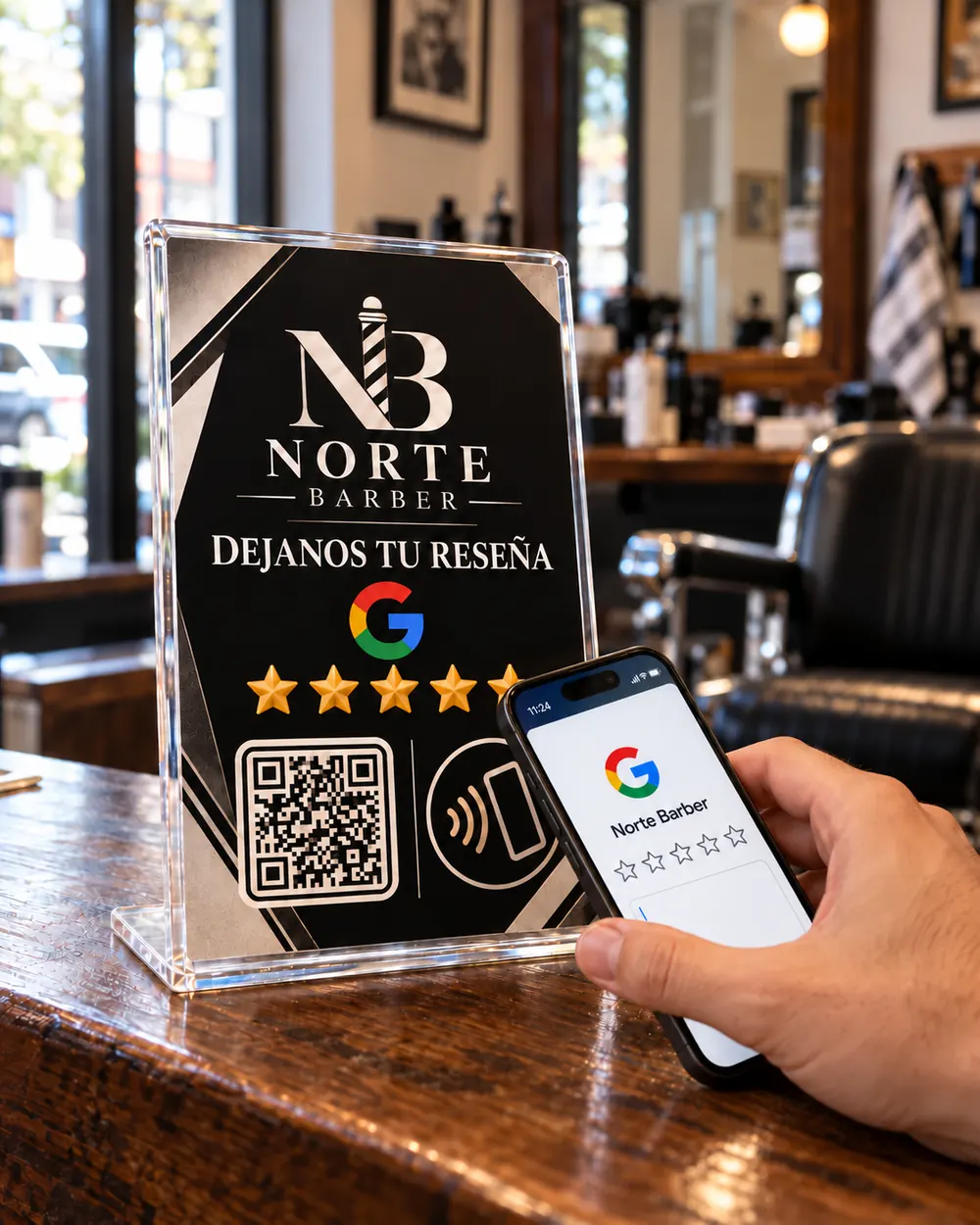 Un cliente acerca su celular al mostrador NFC de Norte Barber; en la pantalla se ve el formulario de Google para calificar con cinco estrellas y escribir una reseña