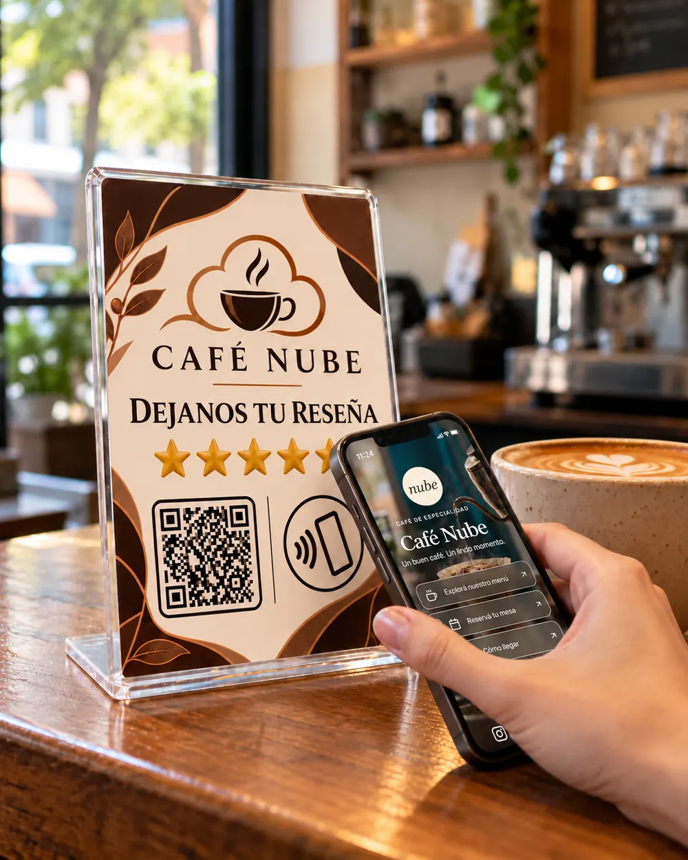 Una clienta acerca su celular al mostrador NFC de Café Nube; en la pantalla se ve la página de Café Nube con opciones de menú, reserva y ubicación