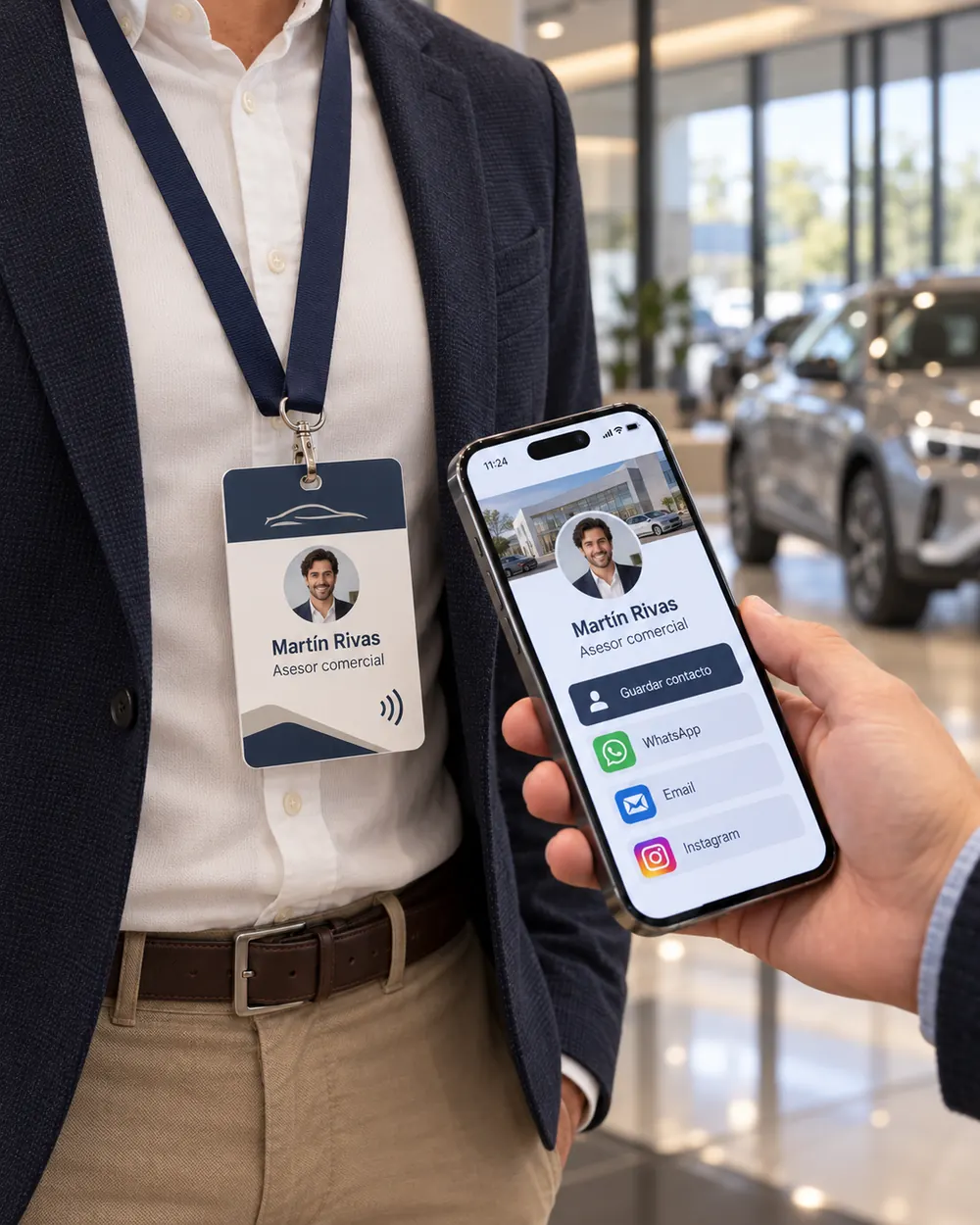 En una concesionaria, un cliente acerca su celular a la credencial NFC de Martín Rivas, asesor comercial; en la pantalla se ve su tarjeta digital con Guardar contacto, WhatsApp, Email e Instagram