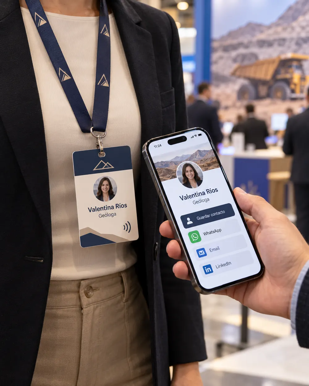 En una feria, una persona acerca su celular a la credencial NFC de Valentina Ríos, geóloga; en la pantalla se ve su tarjeta digital con Guardar contacto, WhatsApp, Email y LinkedIn