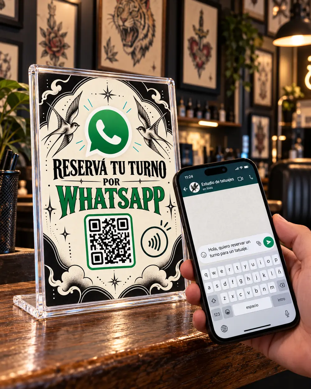 Una persona acerca su celular al mostrador NFC de un estudio de tatuajes; se abre WhatsApp con el mensaje para reservar un turno ya escrito y el teclado visible