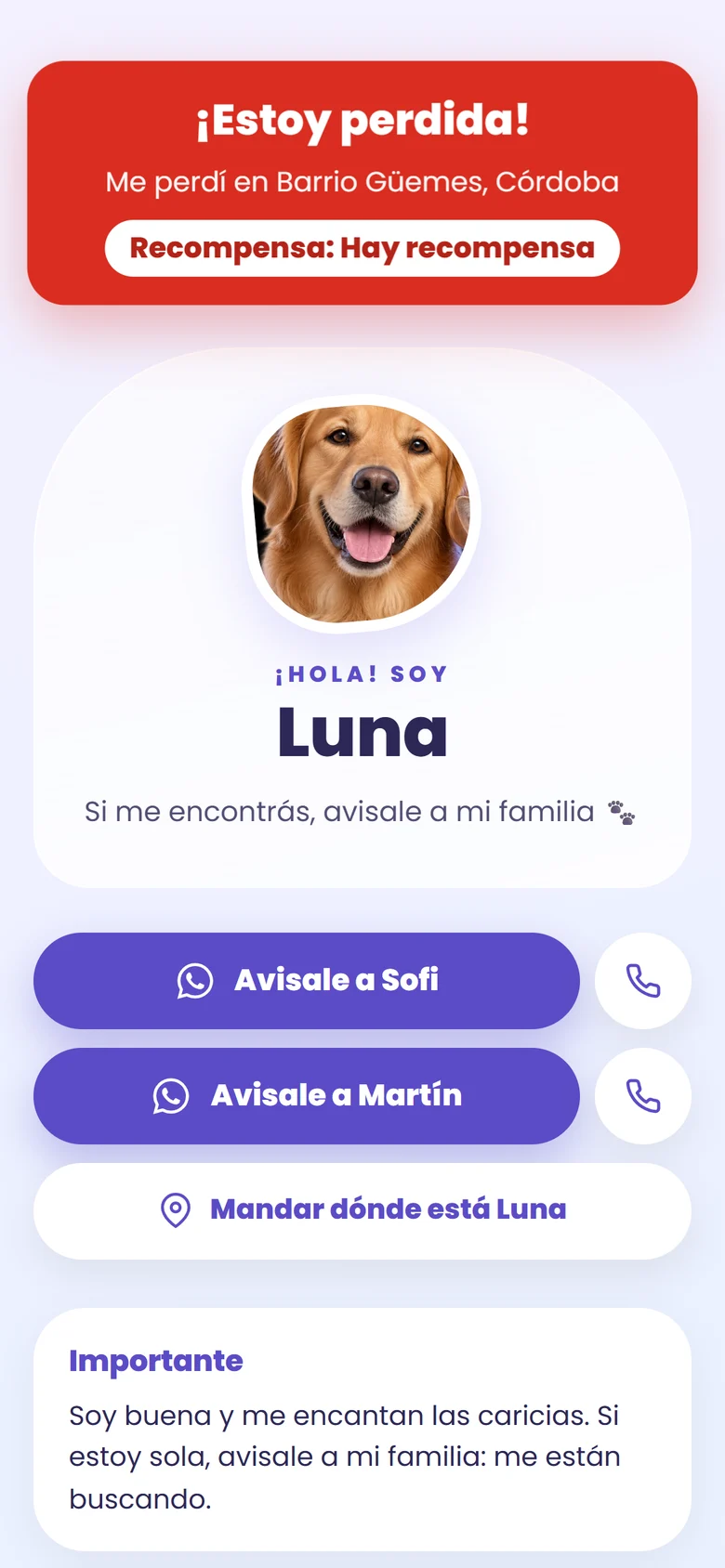 Ficha de Luna en modo perdida: cartel rojo con la zona donde se perdió y la recompensa