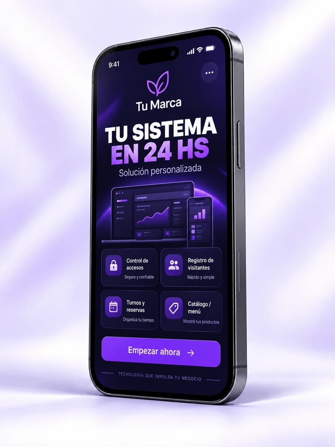 Ejemplo de sistema personalizado en un celular, con accesos, registro de visitantes, turnos y catálogo