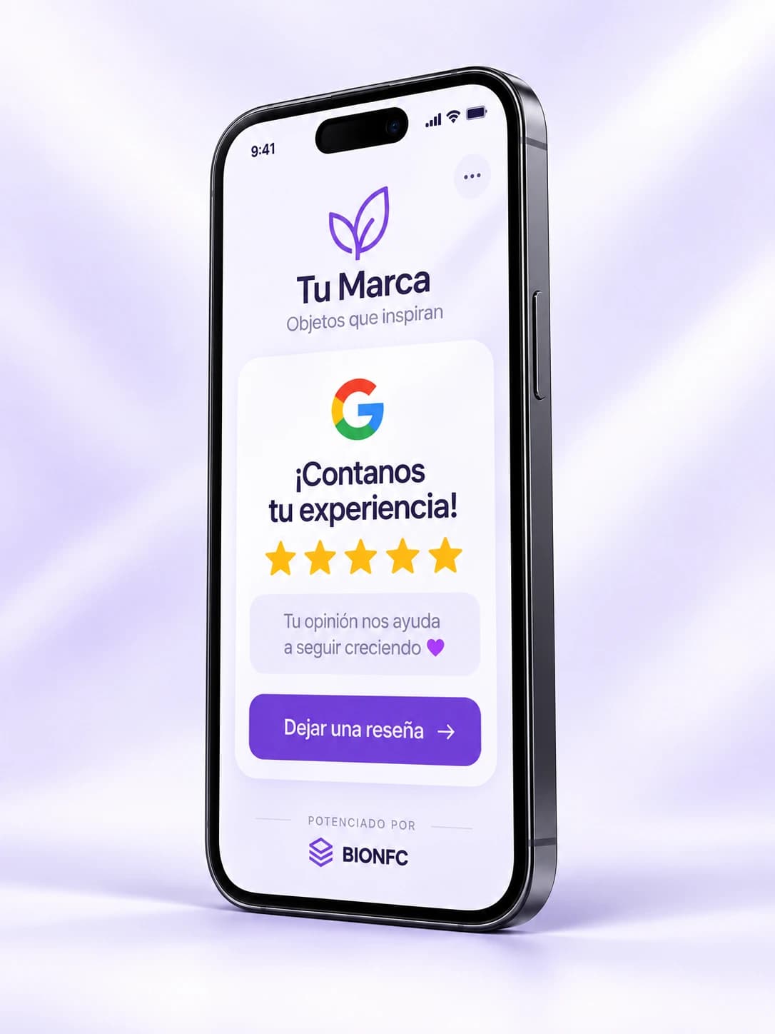Celular con una invitación a compartir tu experiencia y dejar una reseña en Google